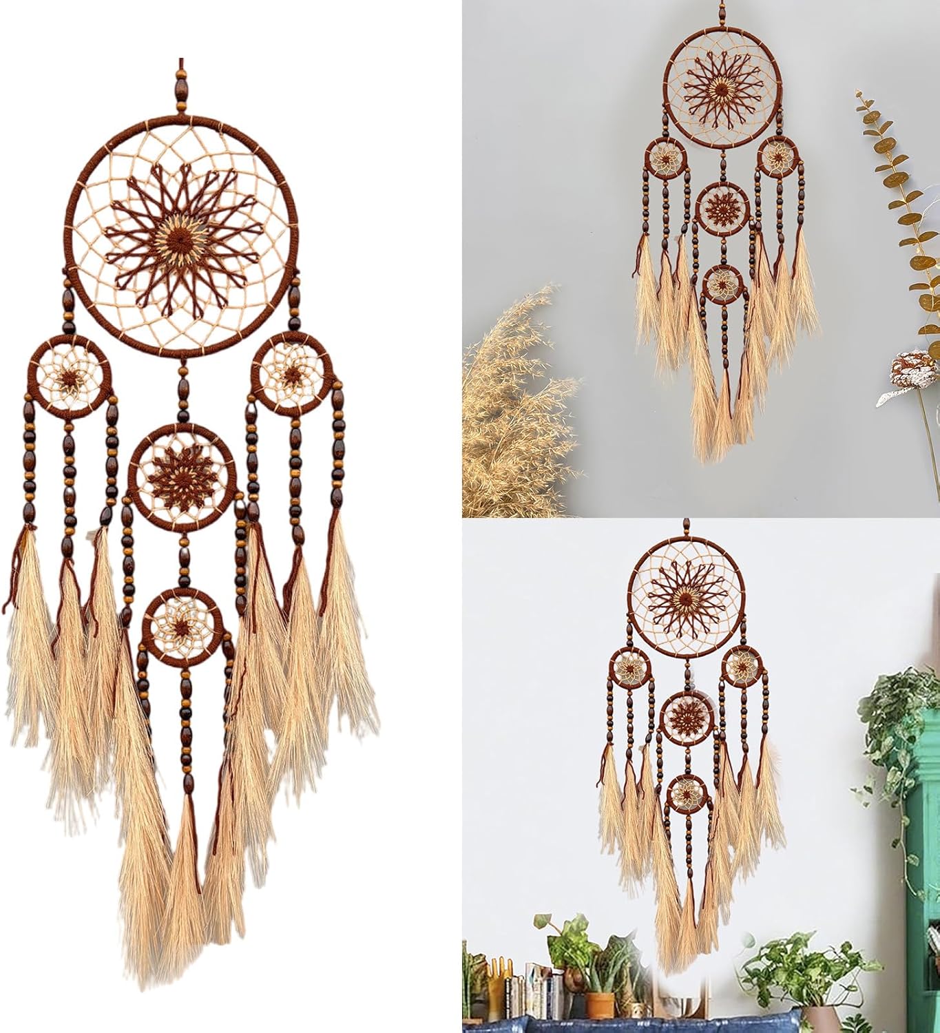 🌙 Dreamcatcher Boho cu Mărgele din Lemn și Iarbă Pampas – Prinzător de Vise & Protecție