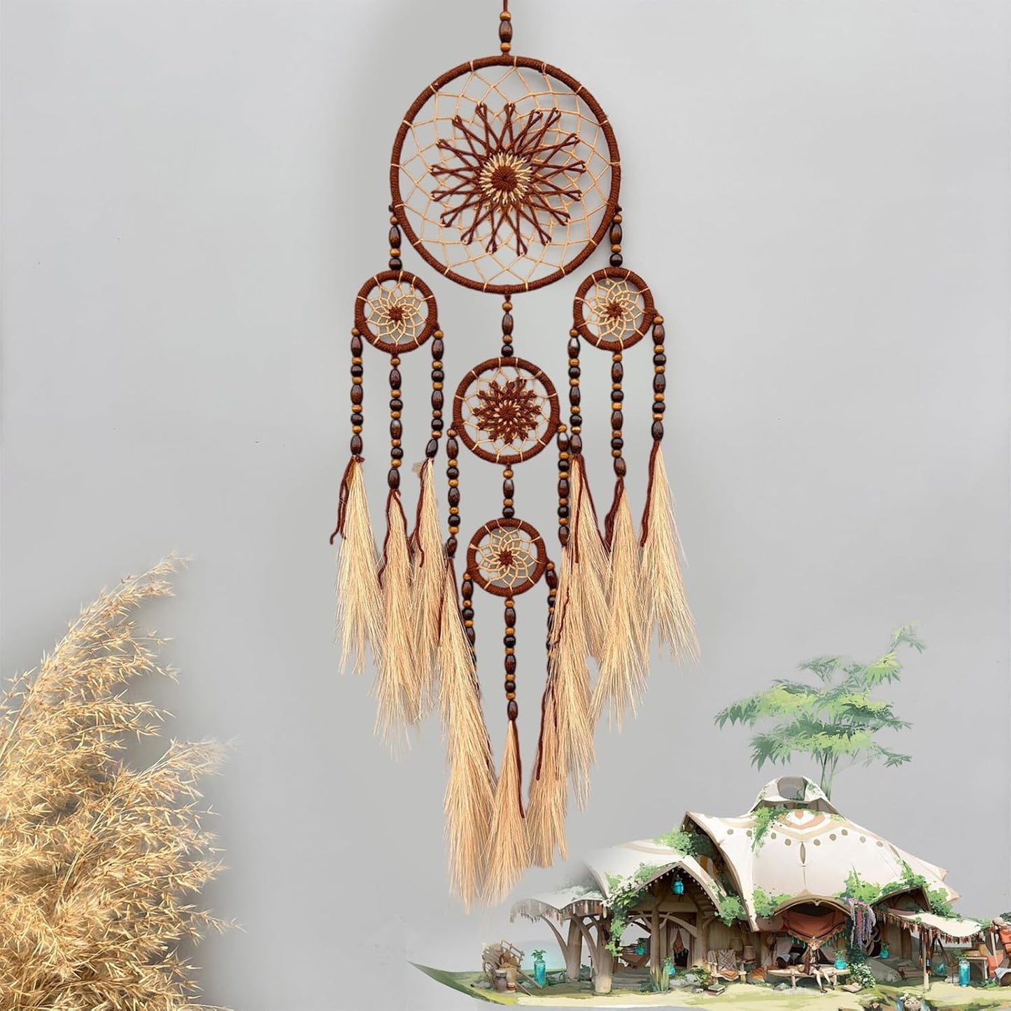 🌙 Dreamcatcher Boho cu Mărgele din Lemn și Iarbă Pampas – Prinzător de Vise & Protecție