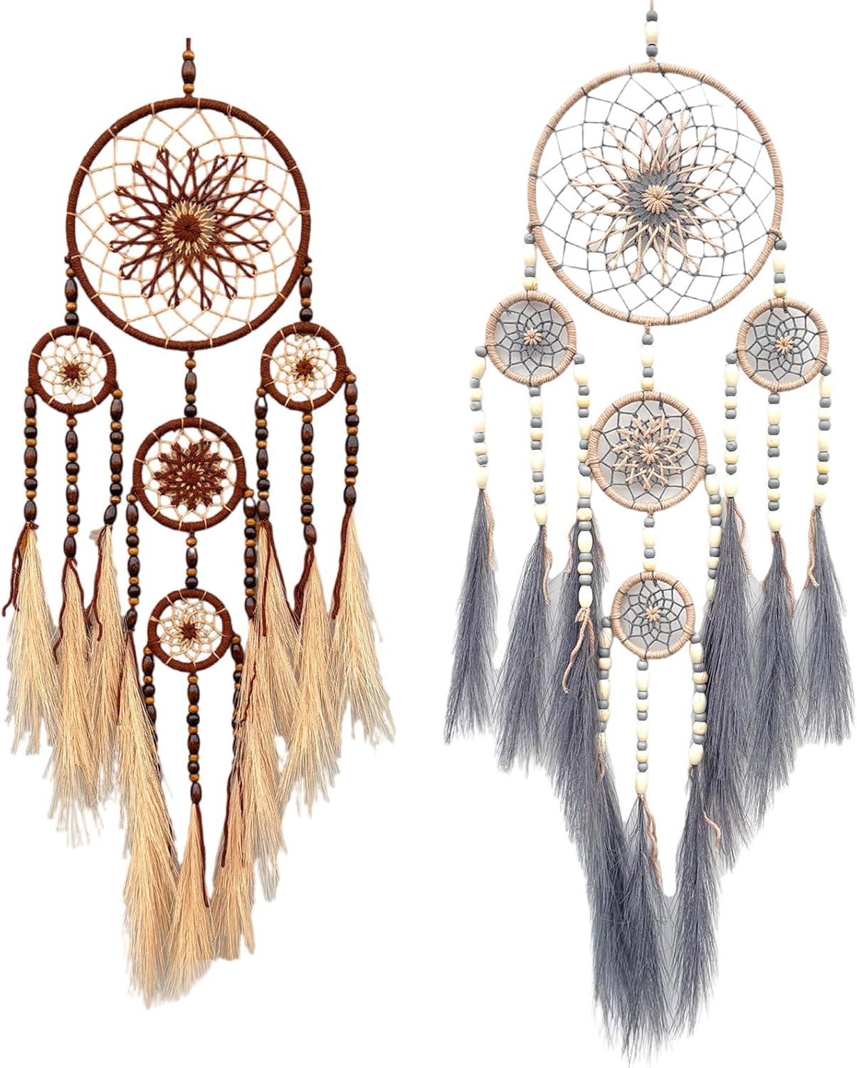 🌙 Dreamcatcher Boho cu Mărgele din Lemn și Iarbă Pampas – Prinzător de Vise & Protecție