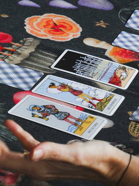 Tarot cards are laid out on a table
