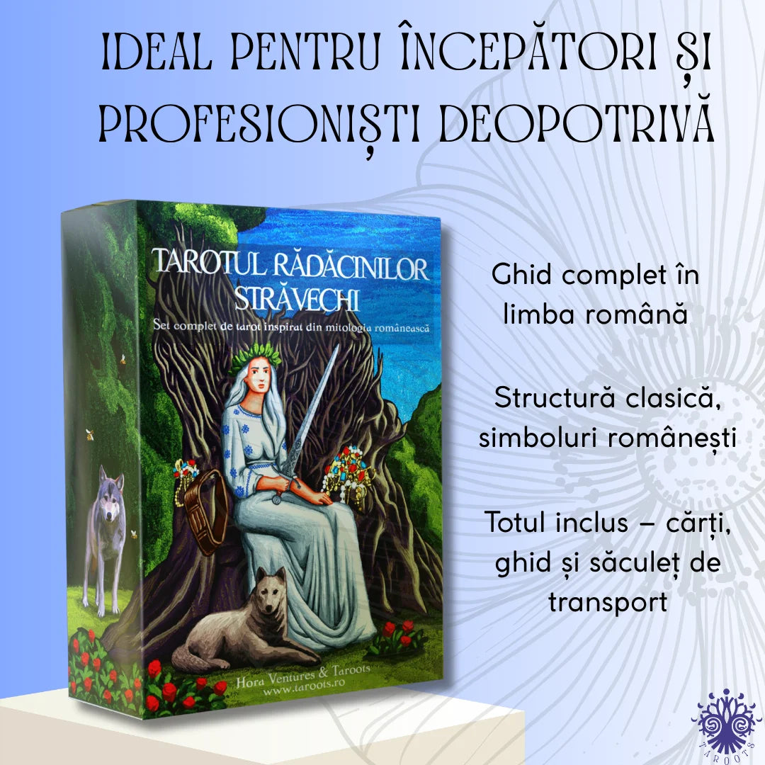 Tarotul Rădăcinilor Străvechi – 78 de Cărți Tarot în Limba Română, Inspirate din Mitologia Românească + Ghid și Săculeț Textil