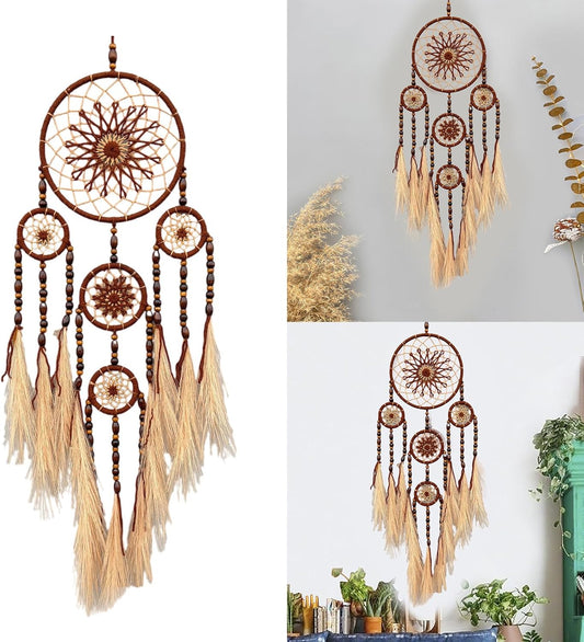 🌙 Dreamcatcher Boho cu Mărgele din Lemn și Iarbă Pampas – Prinzător de Vise & Protecție