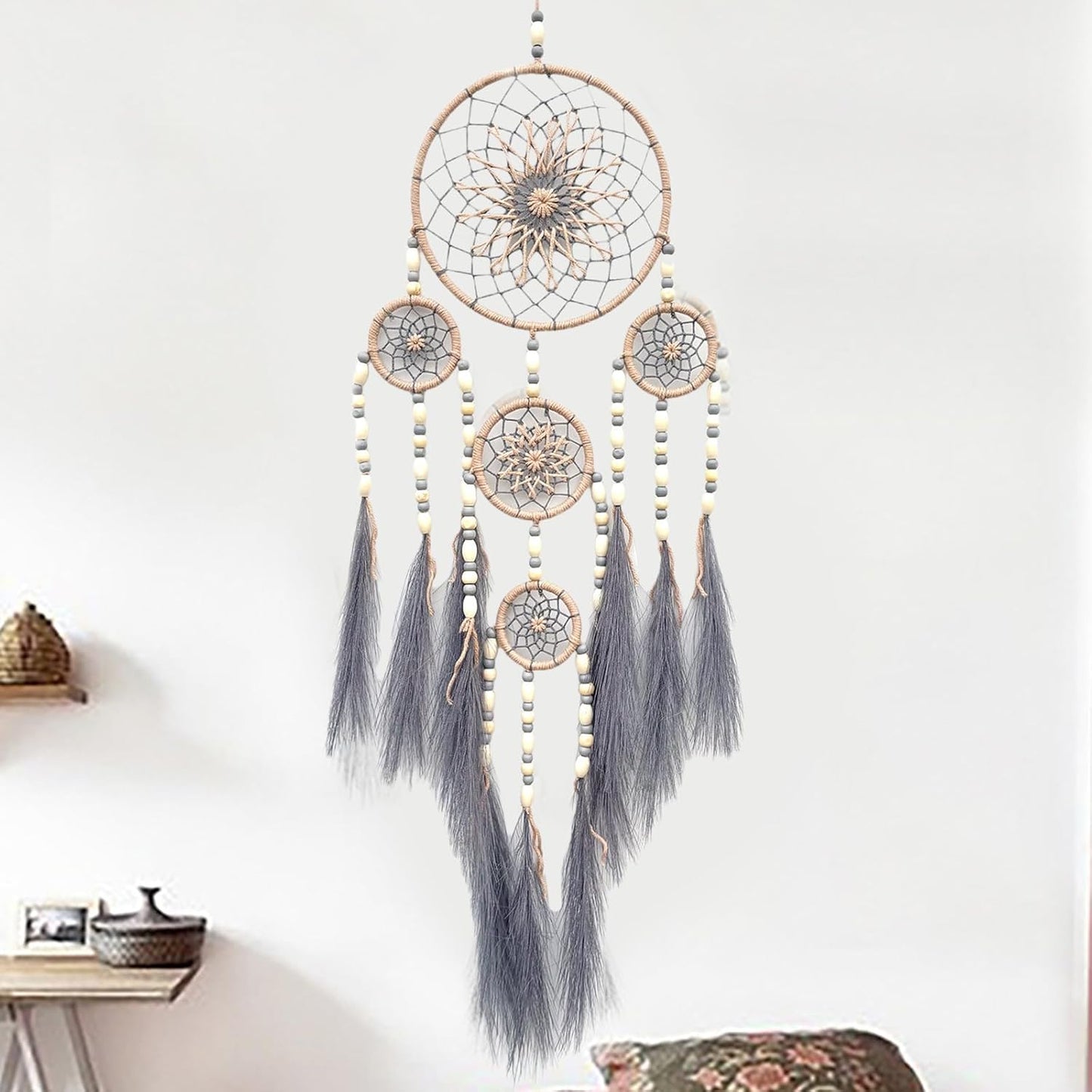 🌙 Dreamcatcher Boho cu Mărgele din Lemn și Iarbă Pampas – Prinzător de Vise & Protecție