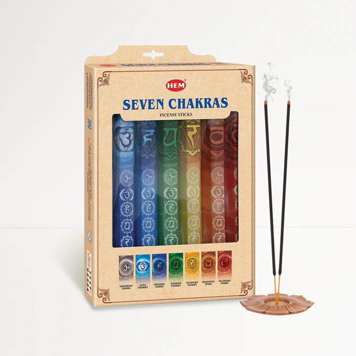 Set Bețișoare Parfumate HEM Seven Chakras – 7×20 Bucăți + Suport Cadou – Purificare, Echilibru & Meditație