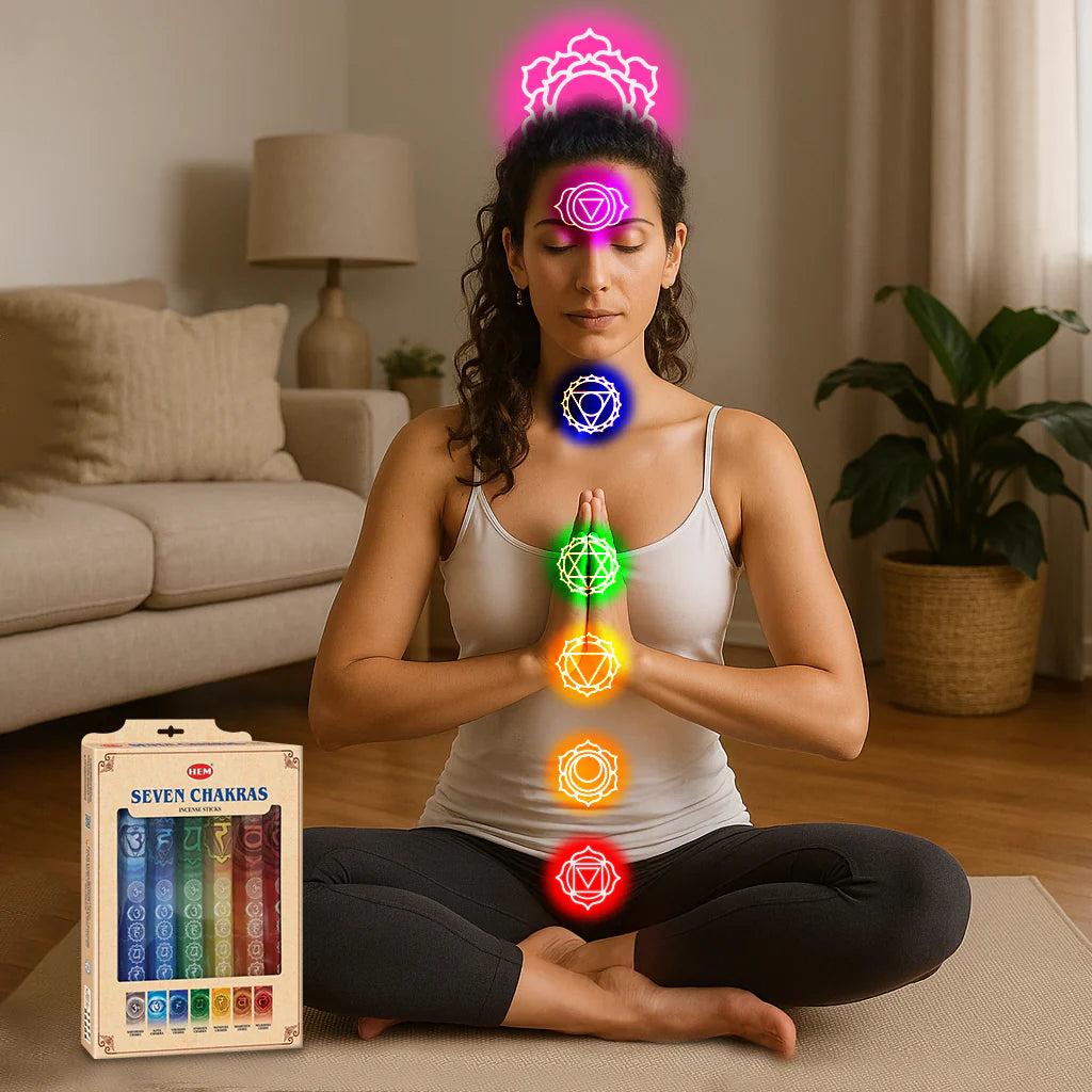 Set Bețișoare Parfumate HEM Seven Chakras – 7×20 Bucăți + Suport Cadou – Purificare, Echilibru & Meditație