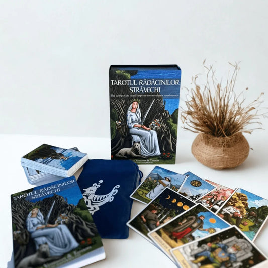 Tarotul Rădăcinilor Străvechi – 78 de Cărți Tarot în Limba Română, Inspirate din Mitologia Românească + Ghid și Săculeț Textil